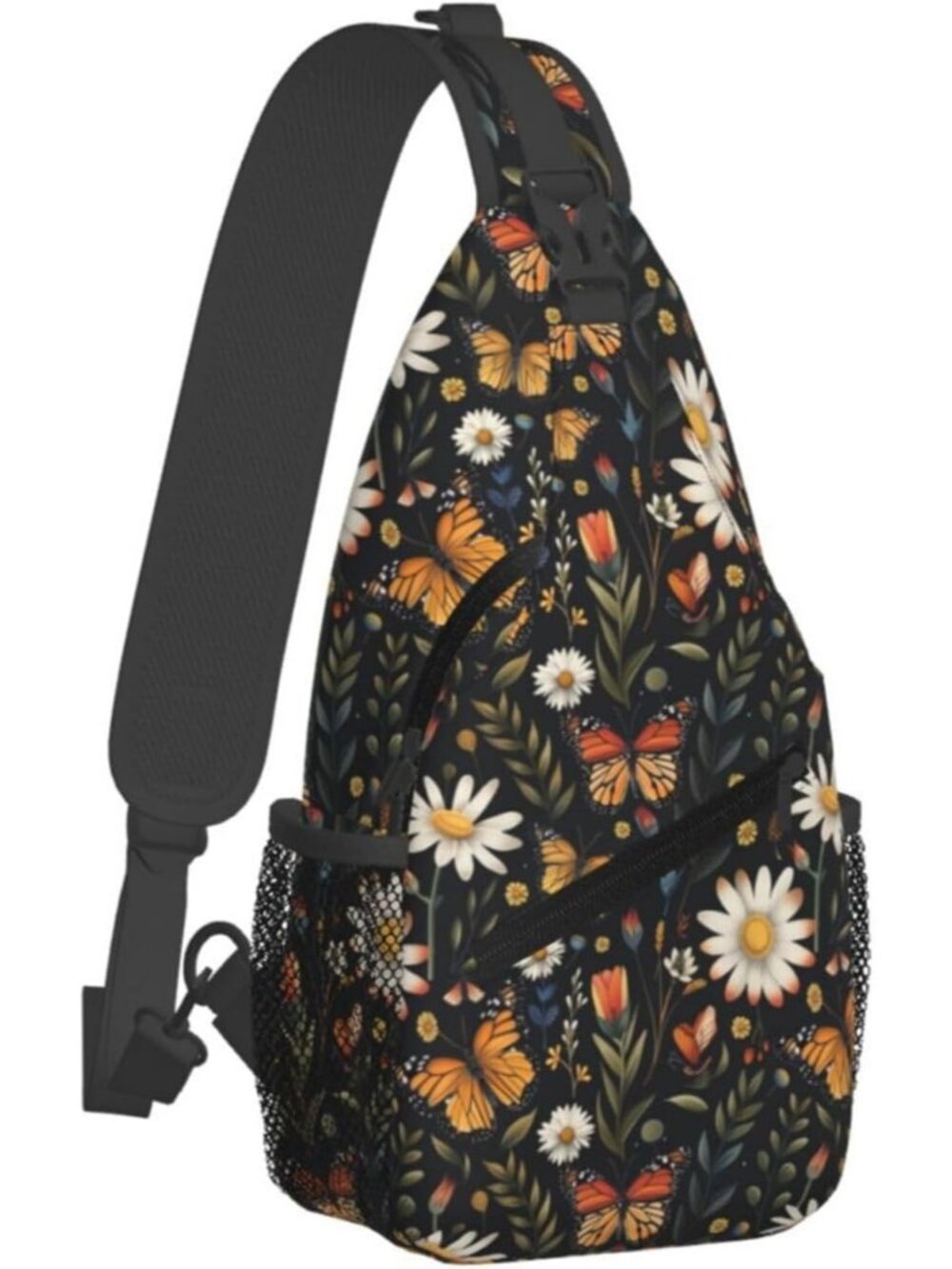 Unisex Black Orange Butterfly Sling Backpack Hiking Chest Shoulder Crossbody Bag